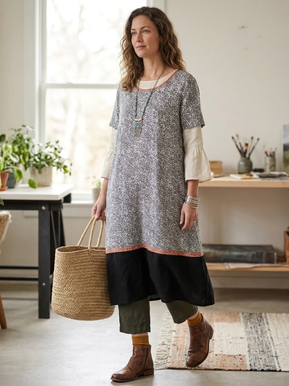 FLAX 100% Linen Lagenlook Artsy Dress made in Lithuania, Large